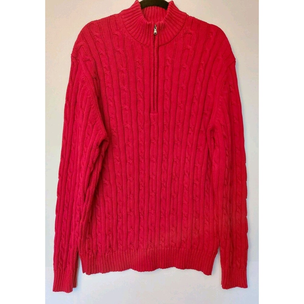Men's Izod Red Cotton Fisherman Cable Knit Quarter Zip Mock Neck Sweater Size XL